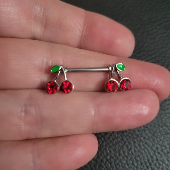 Crystal cherry stainless steel nipple rings piercing barbell 14 gauge - Picture 2 of 2